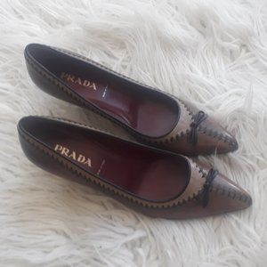 ⏰ PRADA Brown Leather Stitched Heels Sz 36.5